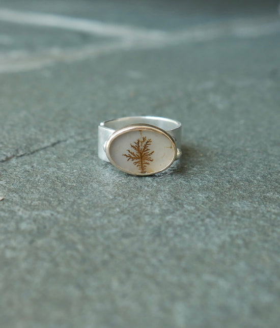 Warming Trend — A Dendritic Agate Adjustable Ring in Sterling Silver and Gold — Sizes 6 1/2 to 8