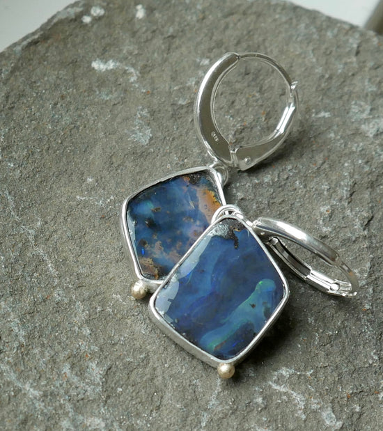 Ebb and Flow — A Pair of Australian Boulder Opal Earrings in Sterling Silver and 14kt Gold
